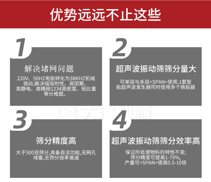 超聲波振動篩優(yōu)勢：1，高效解決堵網(wǎng)問題220V，50HZ電能轉(zhuǎn)化為38KHZ機械振動，解決強吸附性，易團聚，高靜電，高精細(xì)1234高密度，輕比重等難題。2，超聲振動篩篩分量大：可單層與多層使用1套只能超聲波發(fā)生器同時使用多個換能器。3，適合大于500目篩分，具備自潔功能，無網(wǎng)孔堵塞，無篩分效率衰減。4，超聲波振動篩篩分效率高：保證所處理物料的特性不變，篩分精度可提高1-70%。