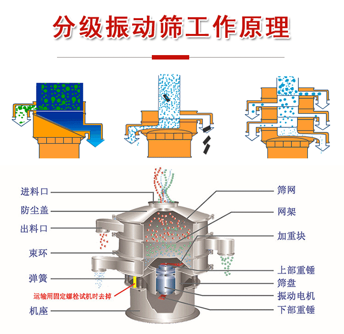 分級振動篩內部結構：進料口，防塵蓋，出料口，束環，彈簧，機座，篩網，網架，上部重錘，振動電機，下部重錘。